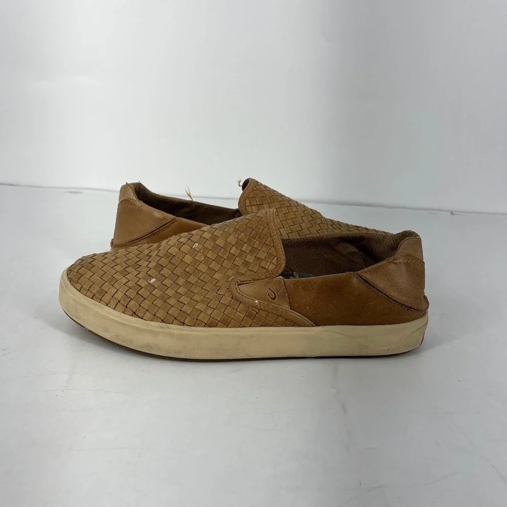 OluKai Lae'ahi Lauhala Mens 10 Woven Leather Slip On Sneakers Brown 10486-FXFX